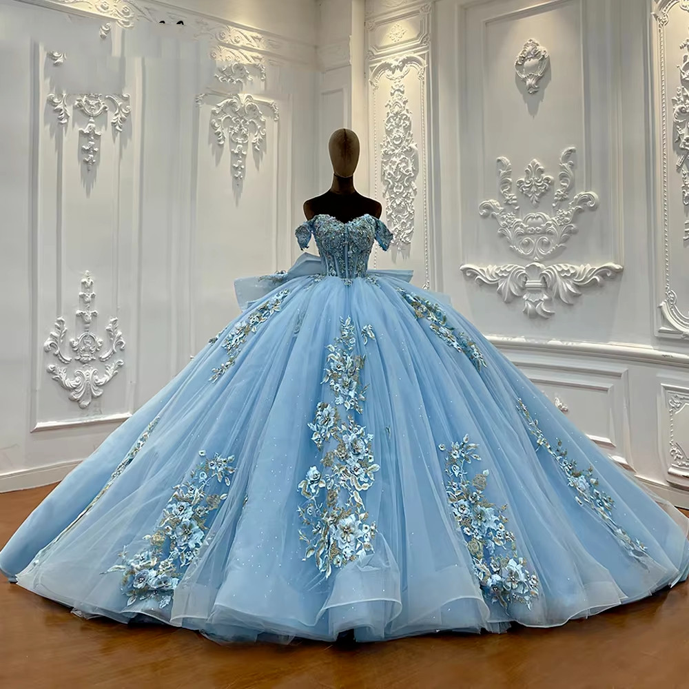 Sky Blue Glitter Tulle Quinceanera Ball Gown 3D Floral Big Bow Sweet 16 Dress