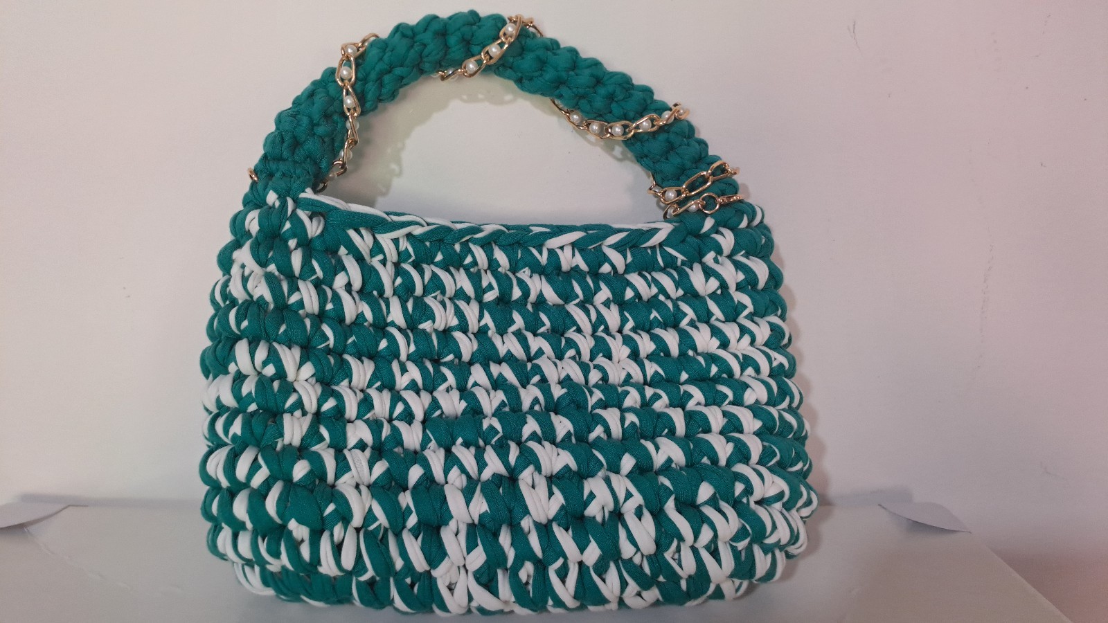 Handmade Crochet Bag Turquoise & White Stylish Summer Handbag Gift