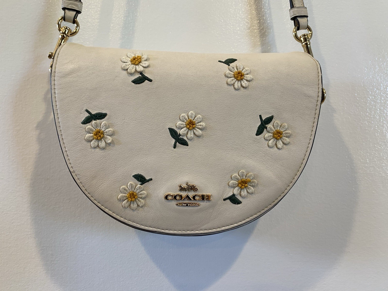 Coach C2683 Daisy Embroidery Half Moon Crossbody Chalk Leather Floral Bag COA