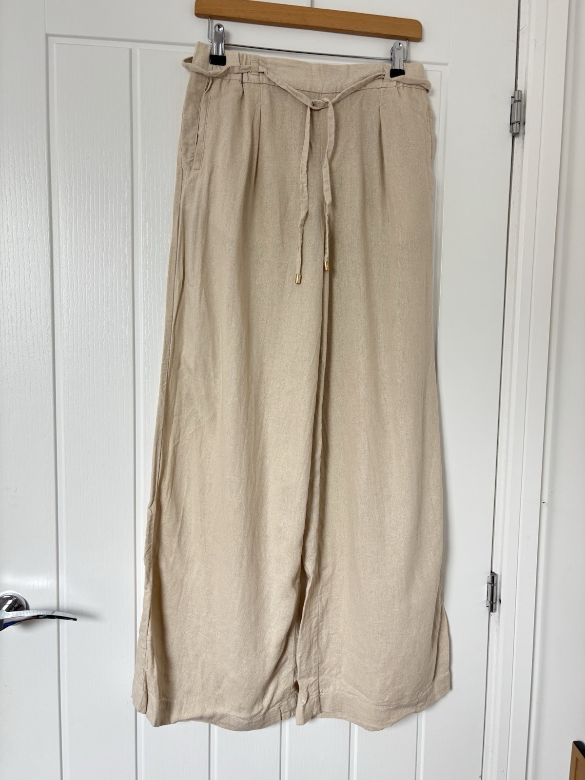 Zara Beige Natural Ecru Linen Blend Wide Leg Trousers Pants Tie Xs Pockets High
