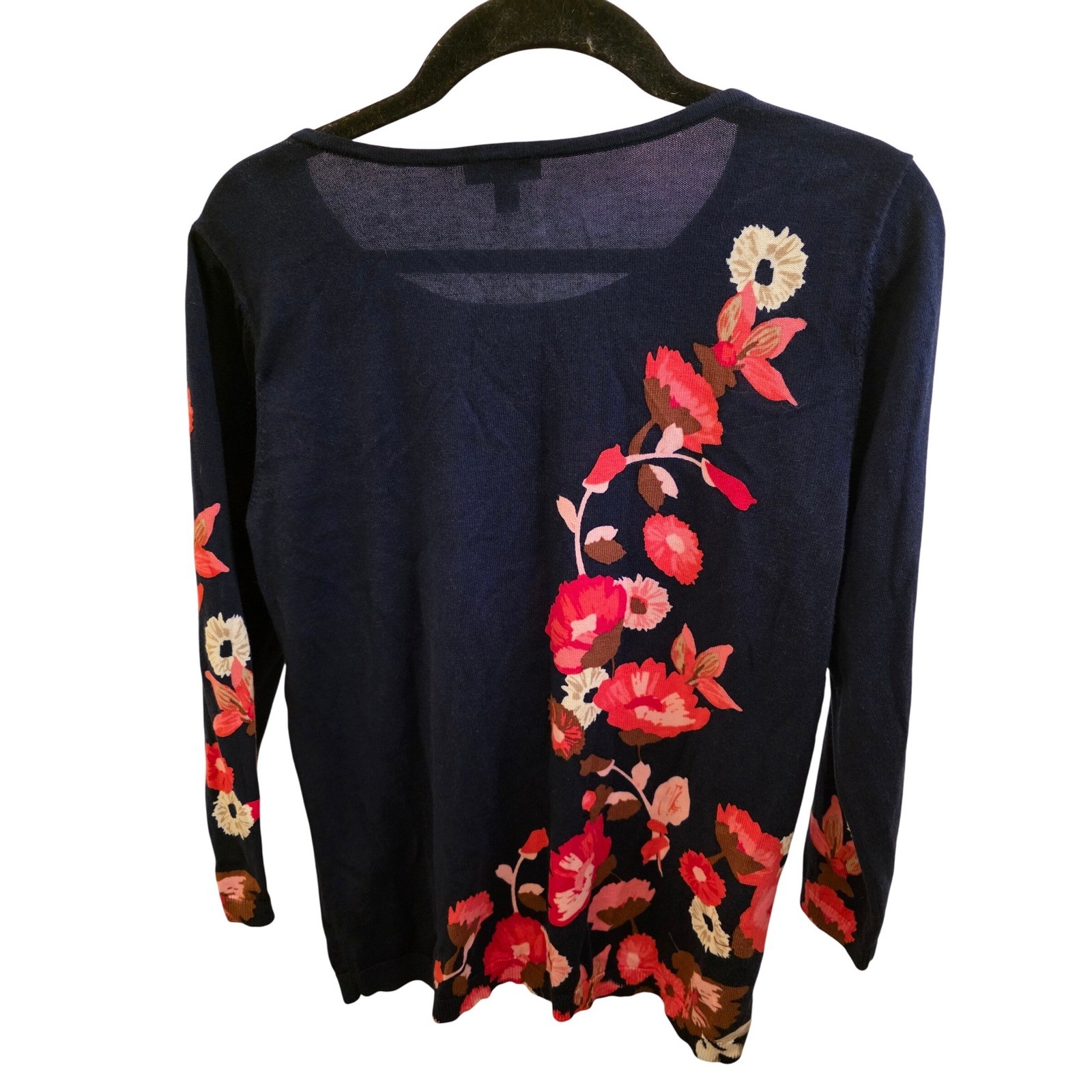 Talbots Petite Floral Navy Blue Long Sleeve Sweater Top