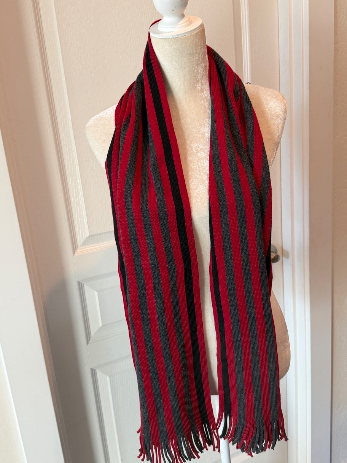 V. Fraas Mens Scarf Red, Navy Gray Stripes Wool Size 66 x 11 Made In Germany