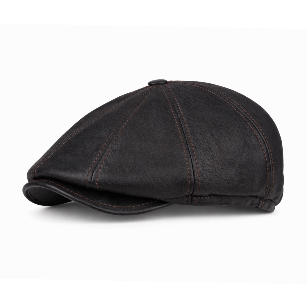 Vintage Brown Real Leather Cabbie Hat Newsboy Ivy Cap Ear Flaps