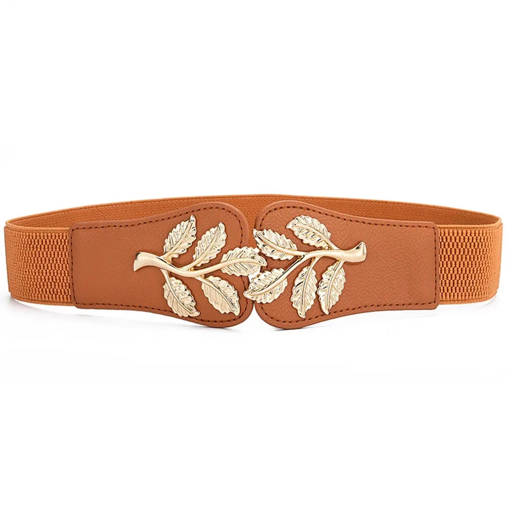 Gold Leaf Elastic Waist Belt for Women Wide Fashion Buckle Dress Skirt Us