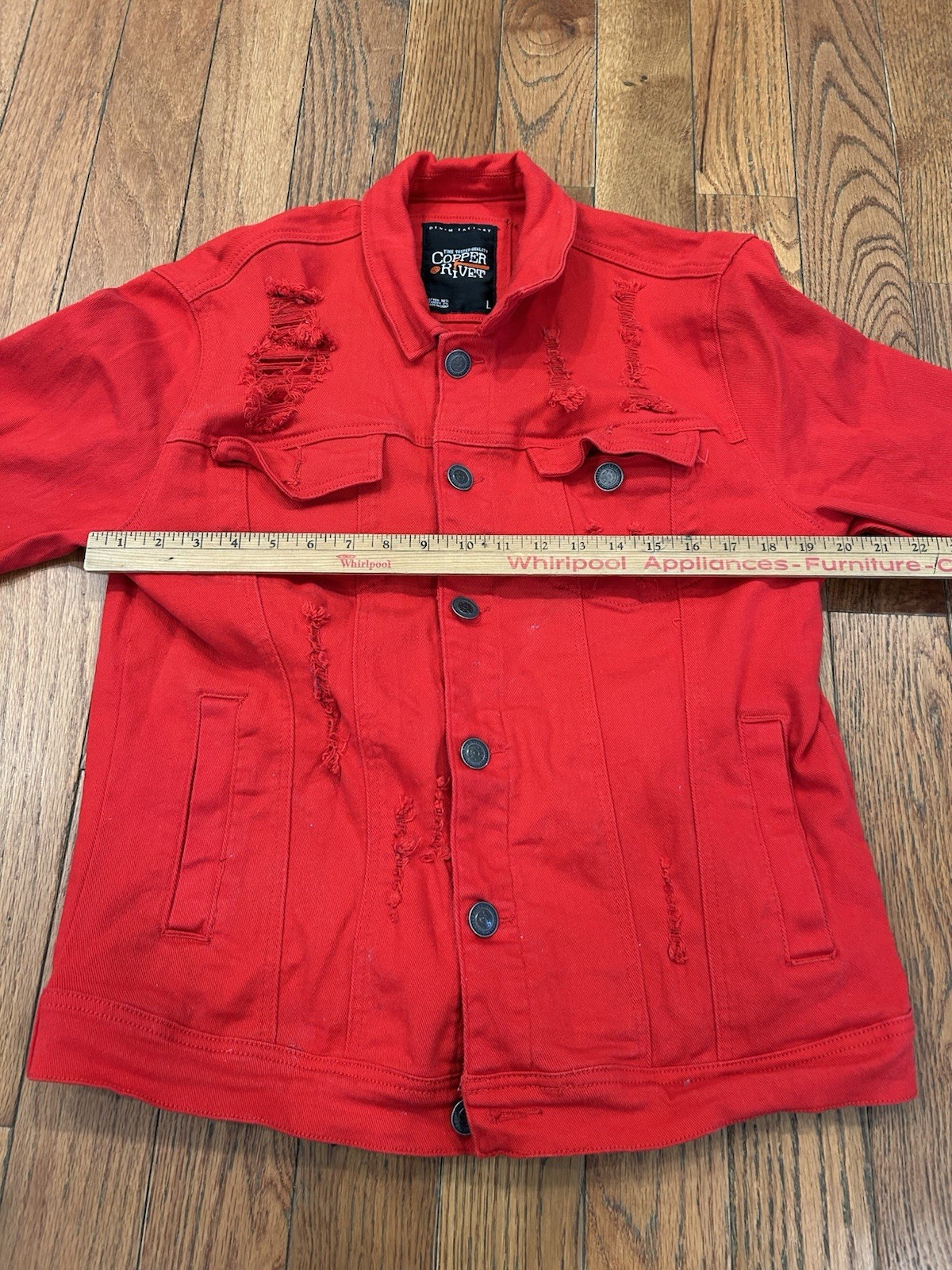 Copper Rivet Denim Jacket Mens Large L Red Distressed Ripped Jean Trucker Coat