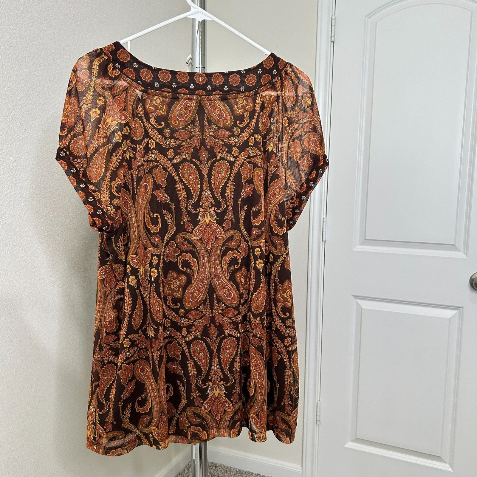 Apt. 9 Blouse Orange Brown Paisley Sheer Mesh Vintage Boho Y2K Earth Tone