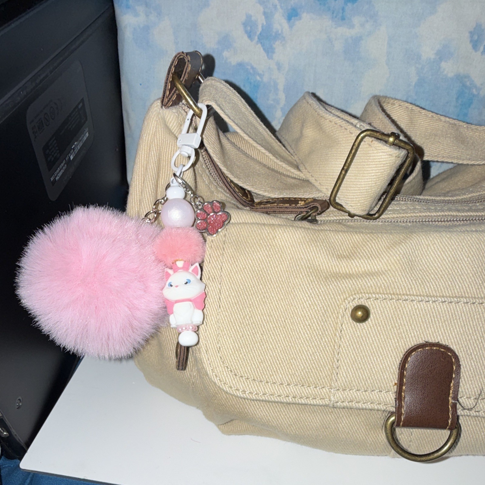 Pink Faux Fur Pom Pom Cat Key Chain/Bag Charm w/Beads & Detachable Clip