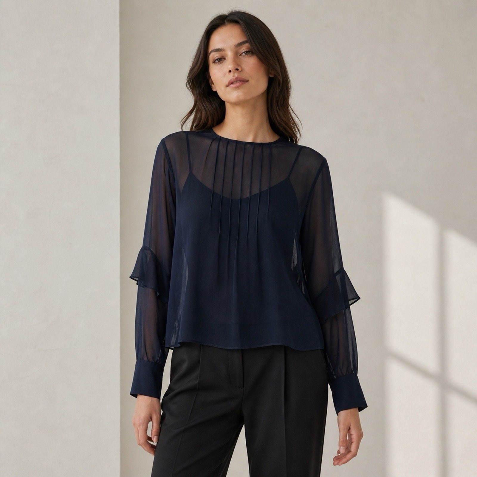 Club Monaco Silk Sheer Blouse Large Navy Pintuck Pleat Ruffle Sleeve Minimalist