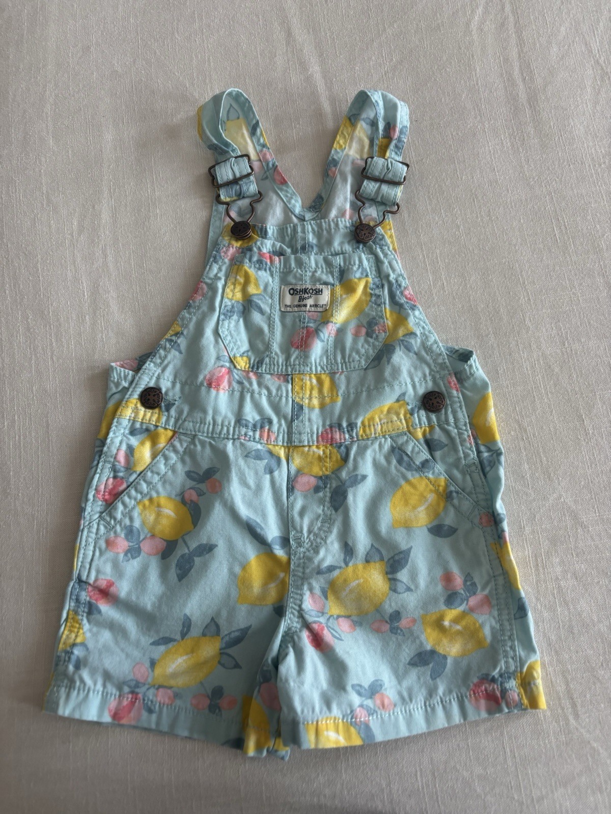 Oshkosh B’Gosh Girls Lemon Print Shortalls Short Overalls Size 2T Spring Summer