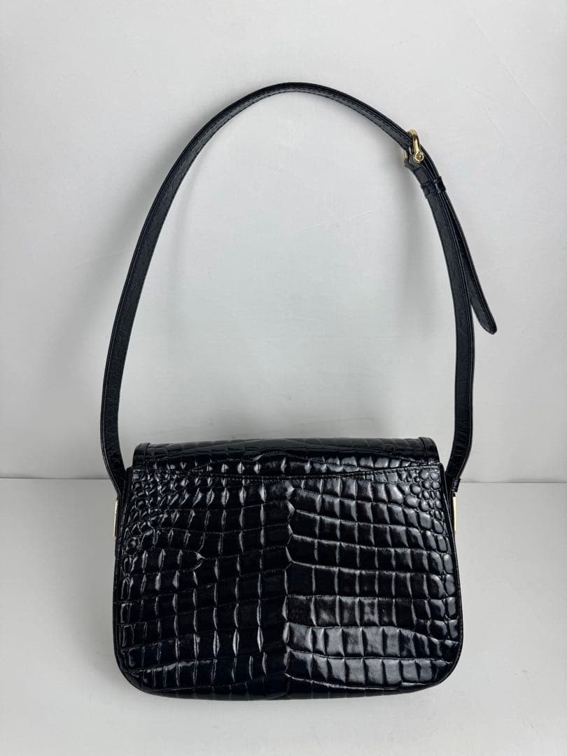 CELINE Carriage Hardware One Shoulder Enamel Leather Bag Black Vintage