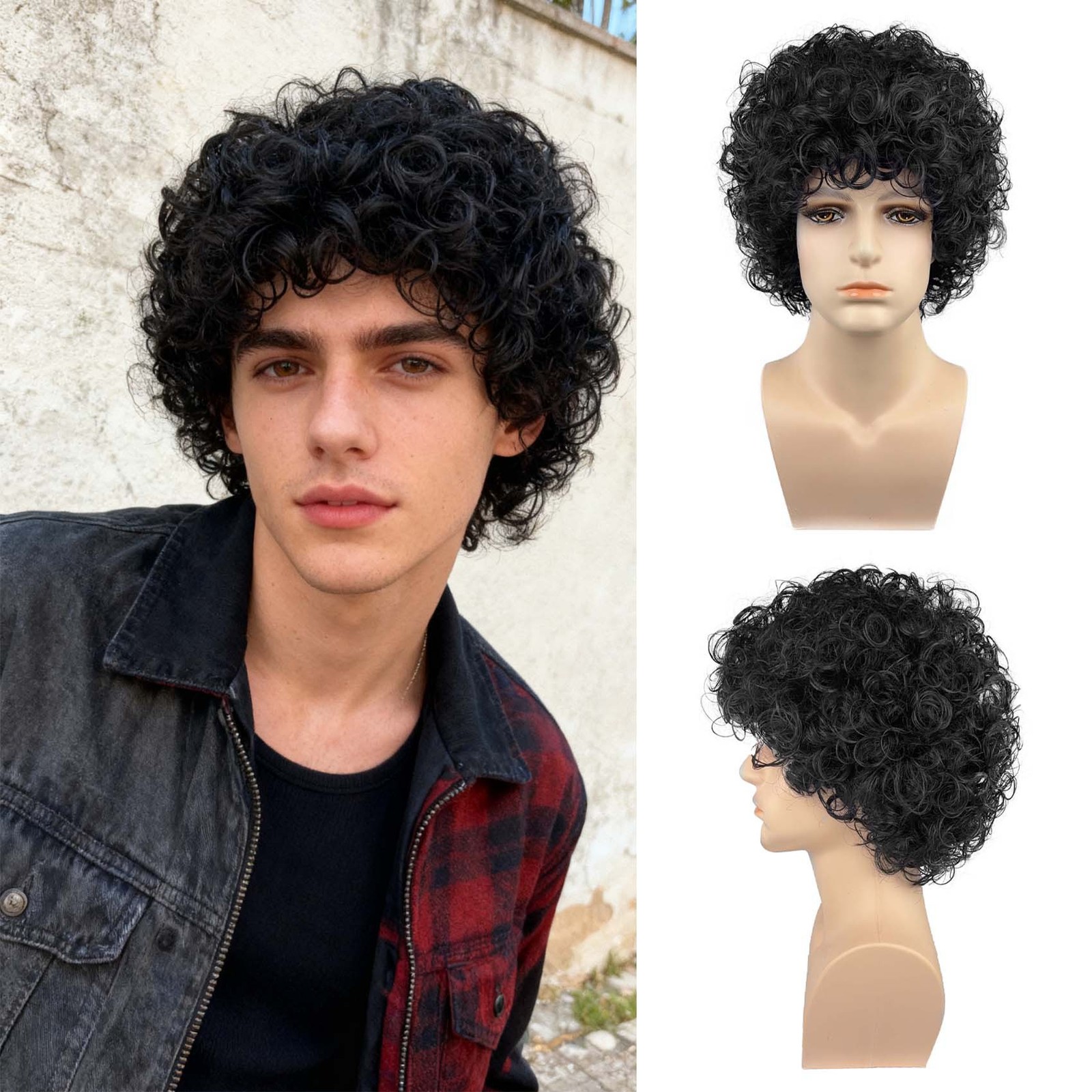 Men’s 12in Short Curly Wig Black Heat Resistant Synthetic Full Cosplay Party Wig