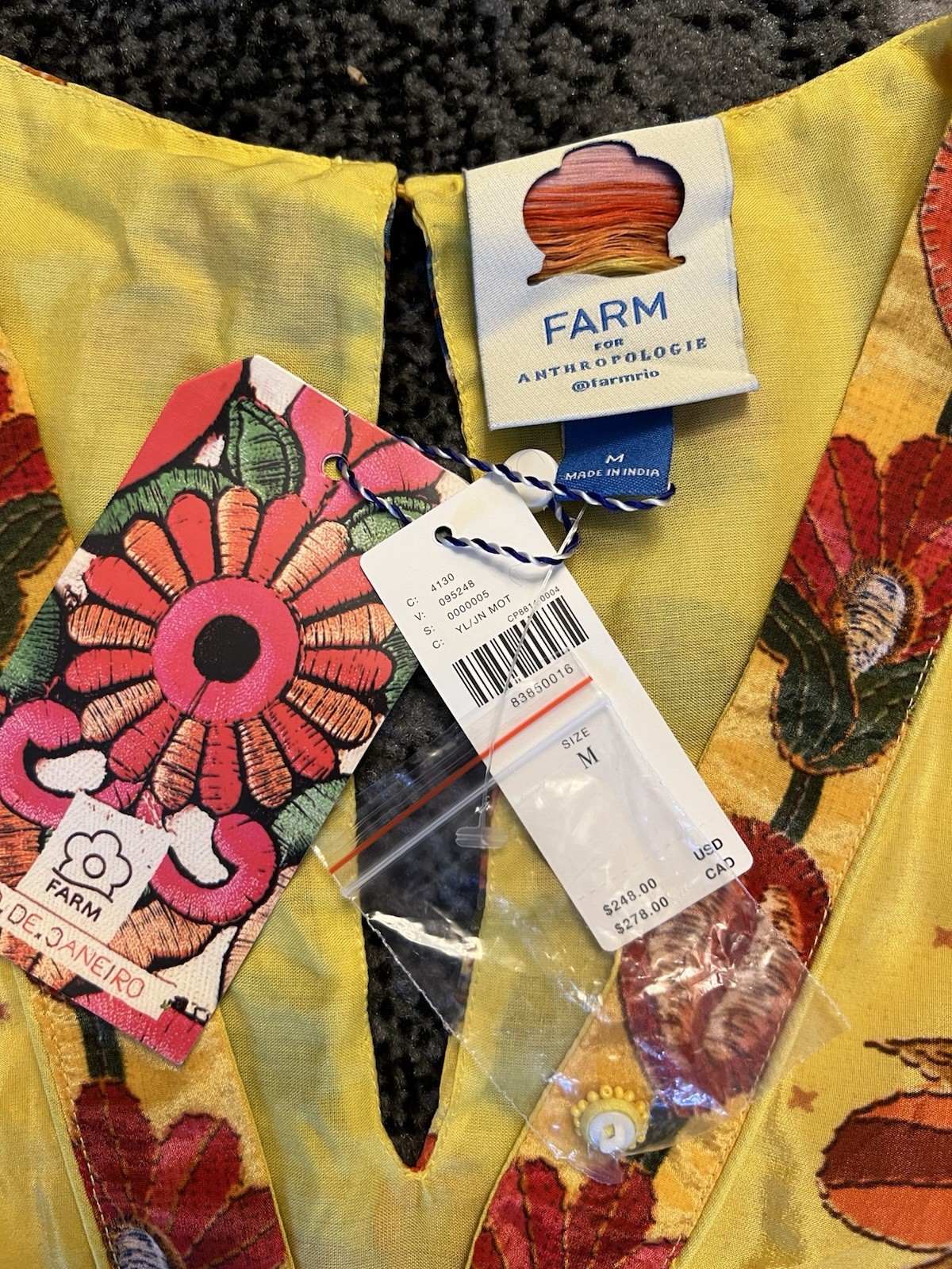 FARM Rio For Anthropologie Yellow Tropical Print Satin Like Fabric Maxi Dress M