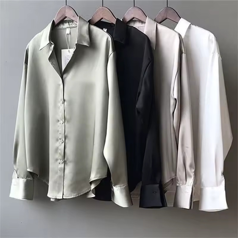 Women Silk Shirt New Vintage Fashion Solid Button Up Long Sleeves Blouse Tops