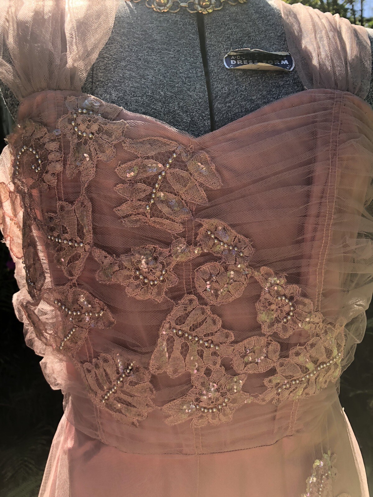 Vintage 1940’s Sequin Pearls Lace Cocktail Gown Dress 36-28-48 Stunning unworn