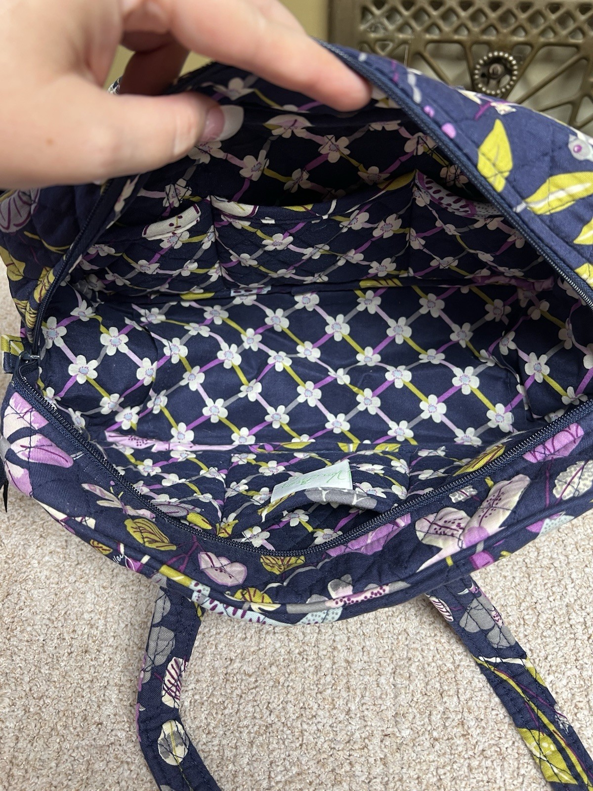 Vera Bradley Navy Floral Shoulder Bag Purse Zip Closure Bag Charm Inner Pockets