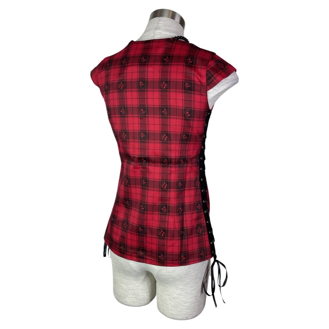 JAWBREAKER PUNK ROCK TATTOO SKULLS RED PLAID ME UP FRONT ZIP TOP SHIRT TPA1743