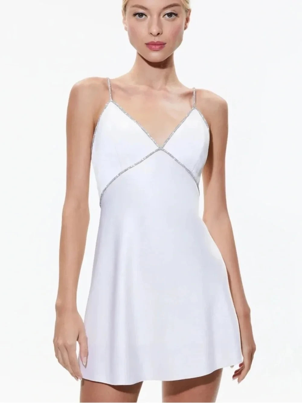 Alice + Olivia Julienne Embellished V Neck Mini Dress in White | Size 4