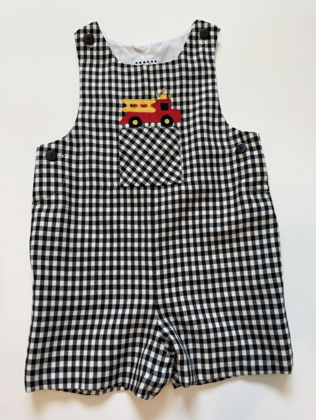 Florence Eiseman Boys Gingham Fire Truck Shortalls Overalls Size 3T