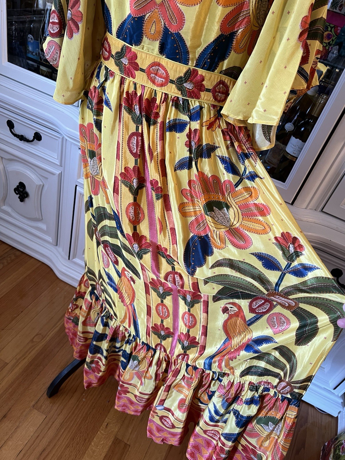 FARM Rio For Anthropologie Yellow Tropical Print Satin Like Fabric Maxi Dress M