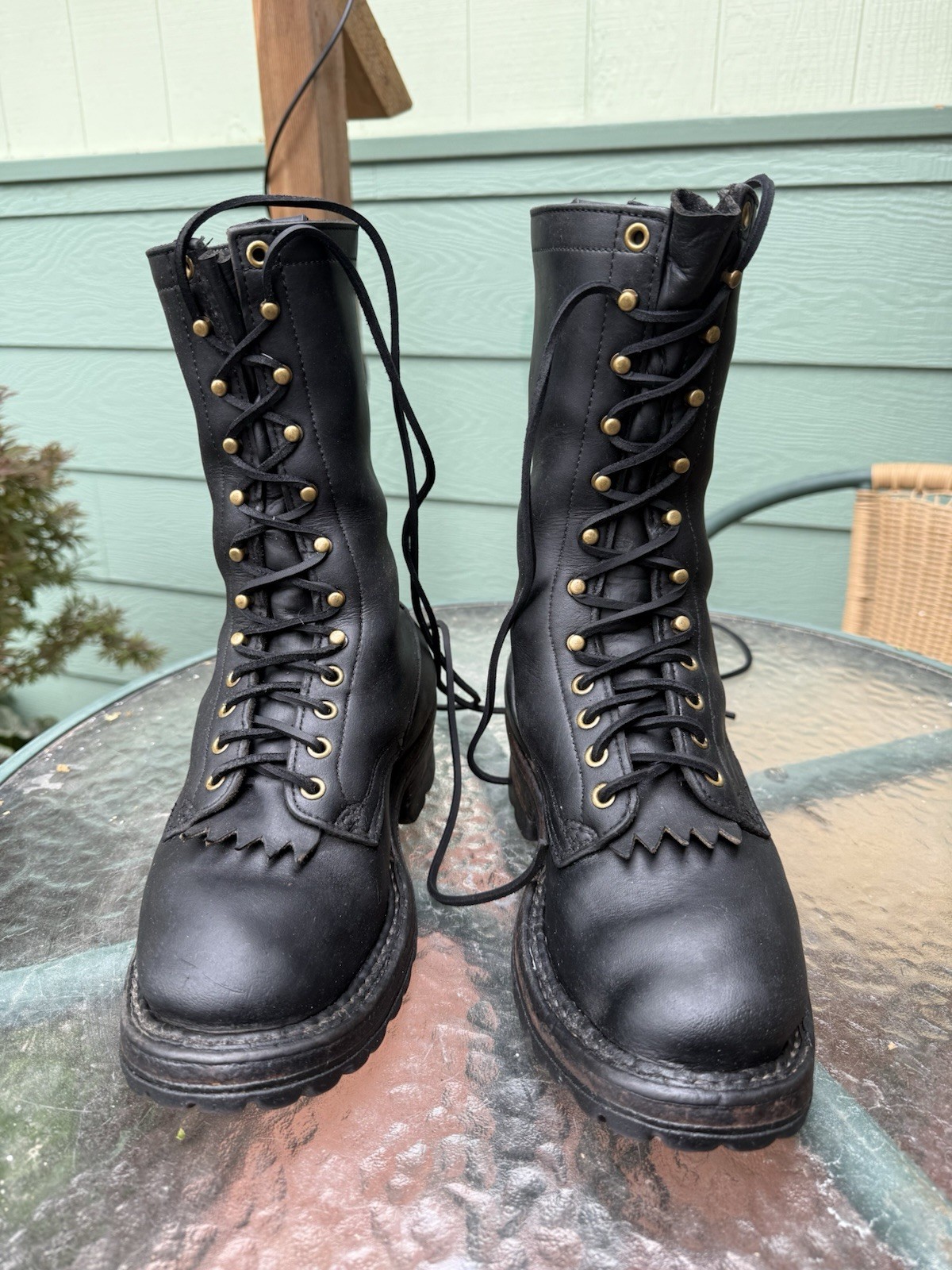 White’s Smoke Jumper Logger Boots –Size 7E –Black Leather –Vibram Sole –USA Made