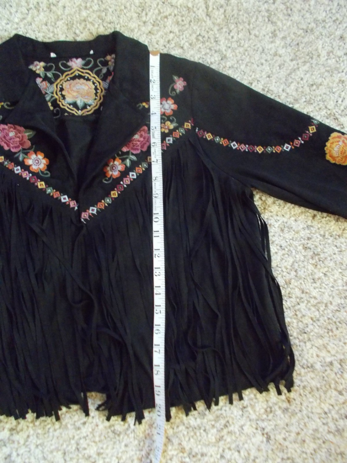 Savanna Jane Faux Suede Black Embroidered Jacket Fringe Flowers sz S M
