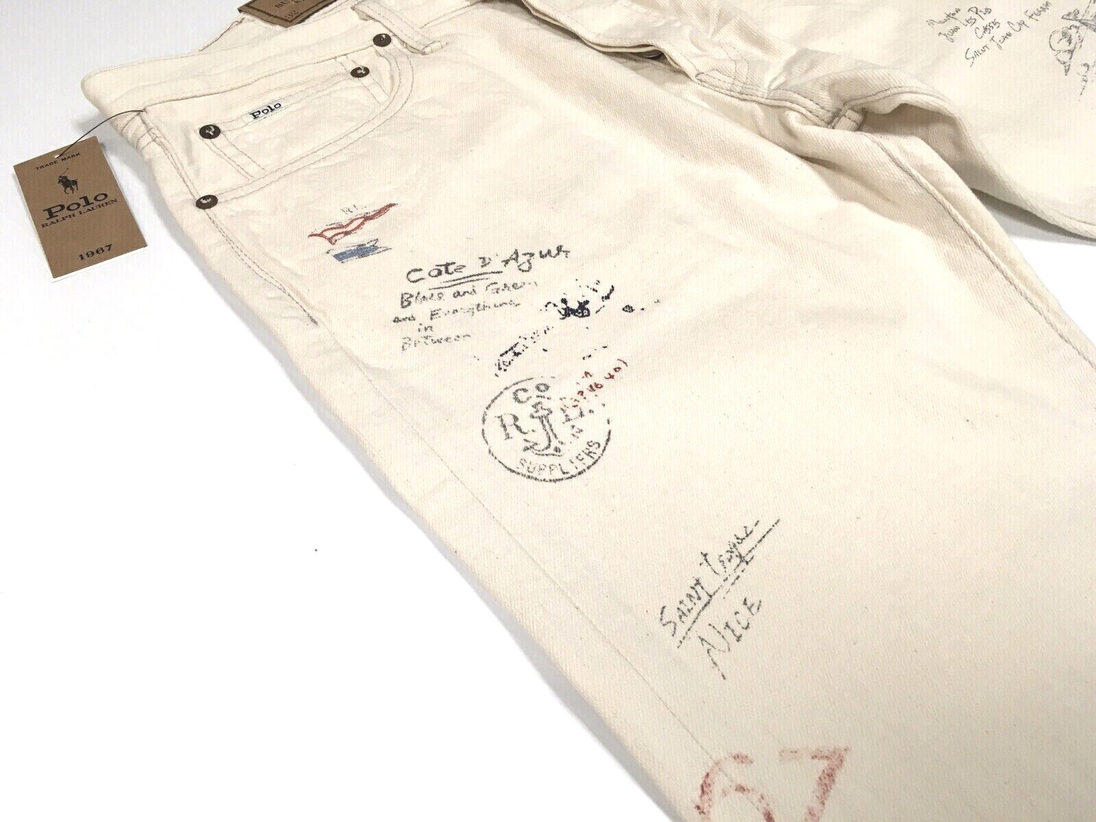 Polo Ralph Lauren Sailing Yacht Artist Artwork Pen Drawing Royal CP93 Slim Jeans