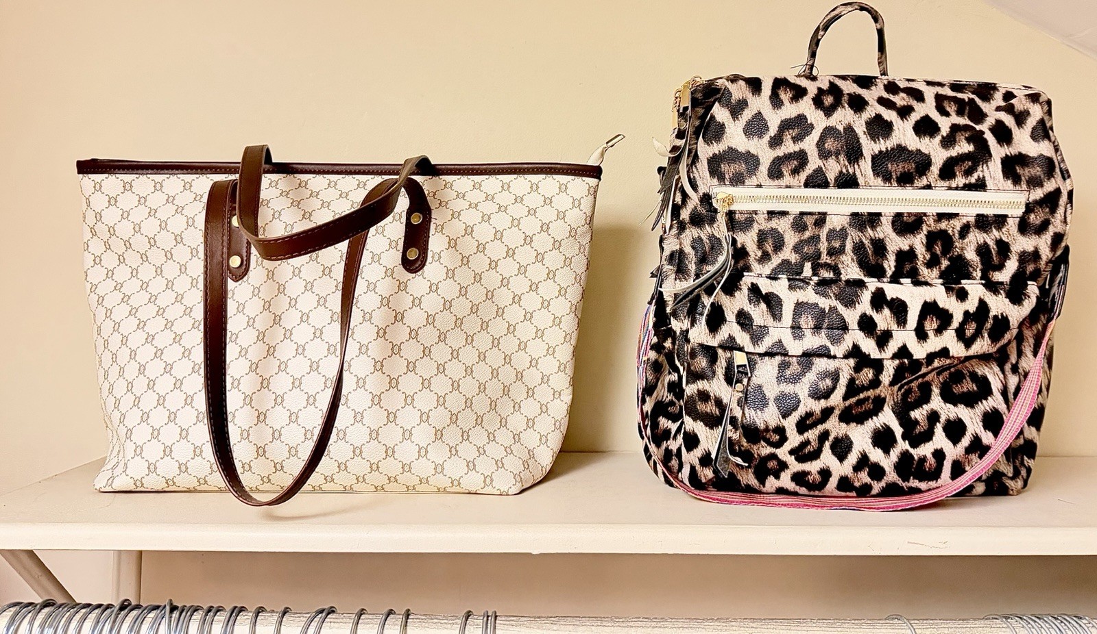 Women’s Leopard Animal Print Backpack, Multicolor Strap, Zip, Detachable, Gold