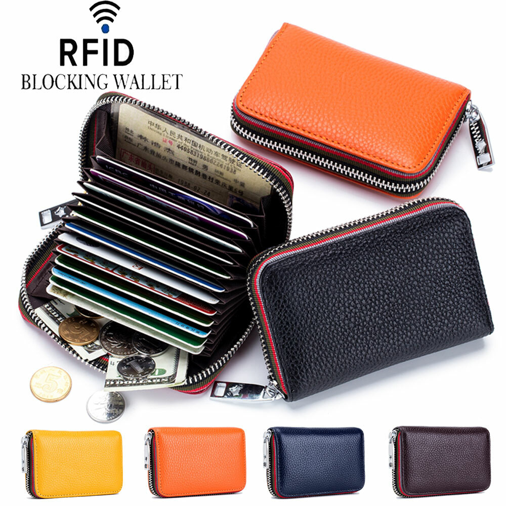 RFID Blocking Women’s Genuine Leather Wallet Credit Card Holder Zipper Pocket