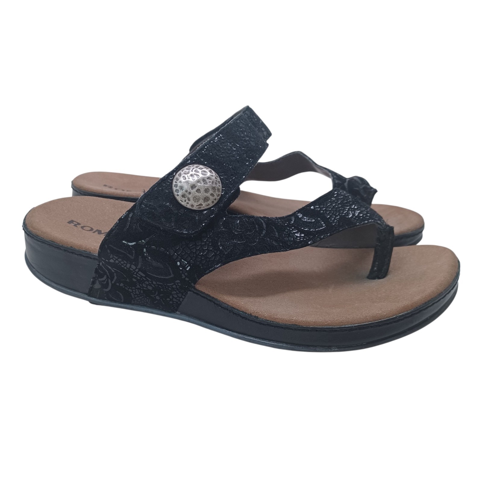 Romika Sandals Black Velvet Leather Comfort Wedge Germany Womens 38 or US 7.5