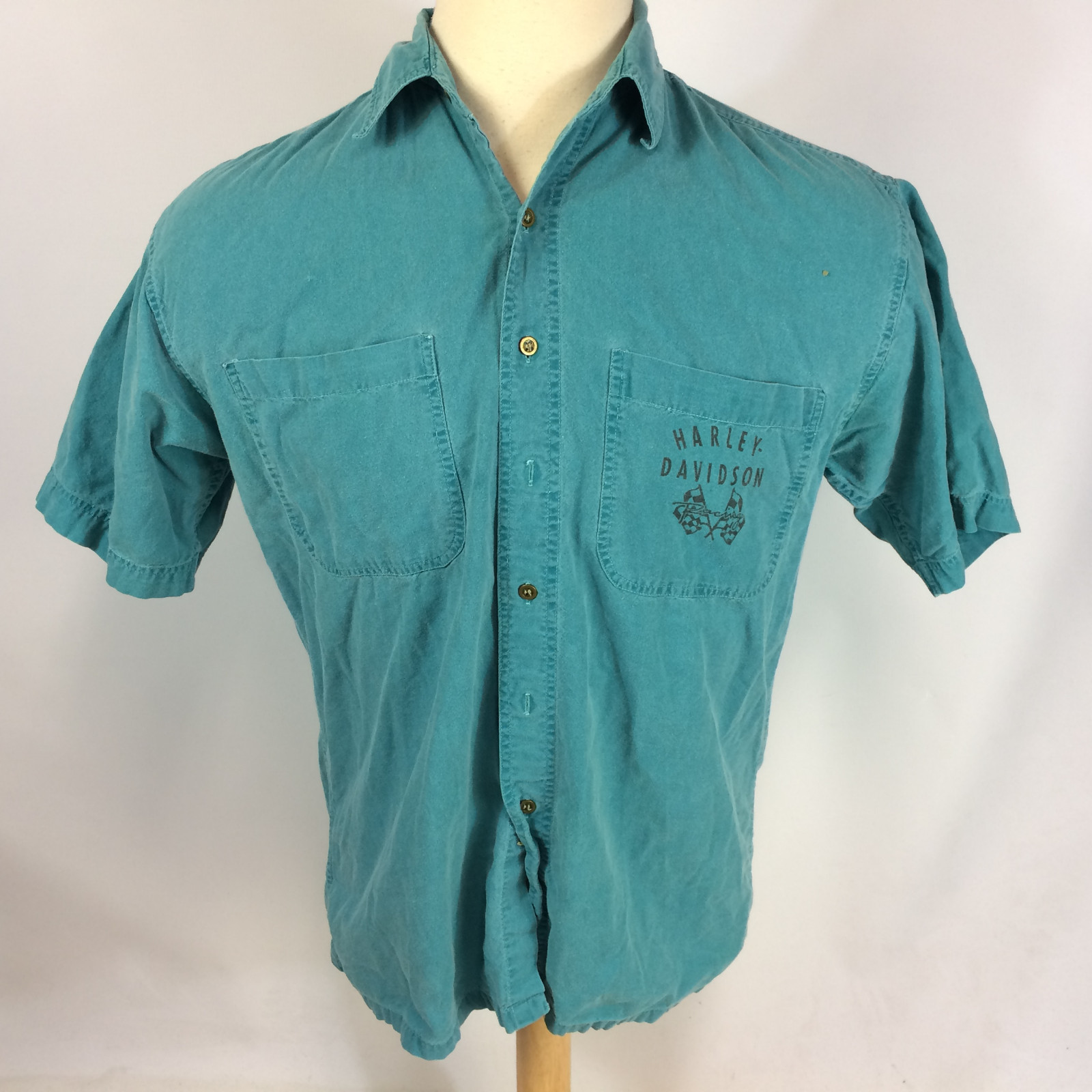 Vintage 80s 90s Harley Davidson Motorcycle Racing Button Shirt Surf Teal M
