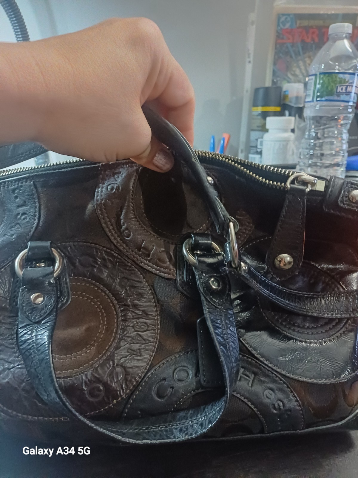 Coach Logo Satchel Top Handle Bag Brown/Black Zip, Detachable Strap Silver HW