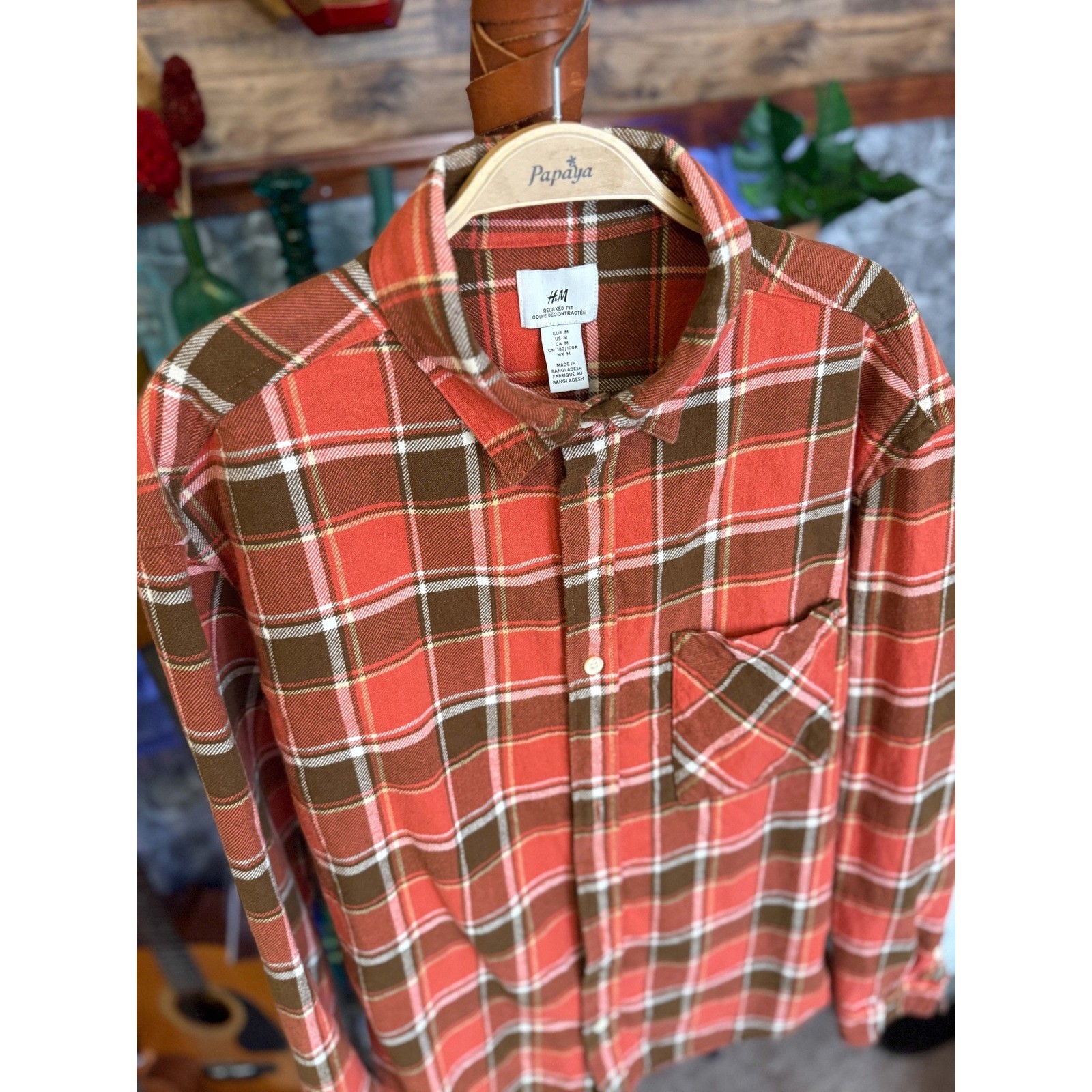 Relaxed Fit Flannel Shirt Orange Brown Plaid Mens Medium Button Up Grunge Fit