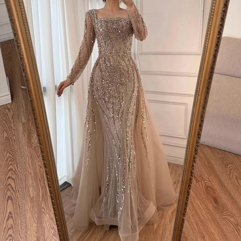 Arabian Caramel Beaded Mermaid Evening Gown with Luxury Formal Dress –