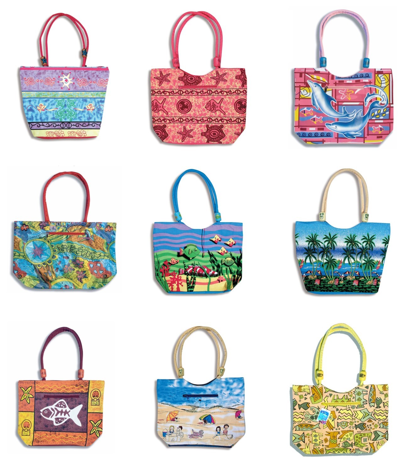 Water Resist Large Canvas Beach Bag Palm Tree Tropical Fish Dolphin 21 x 15 x 6″