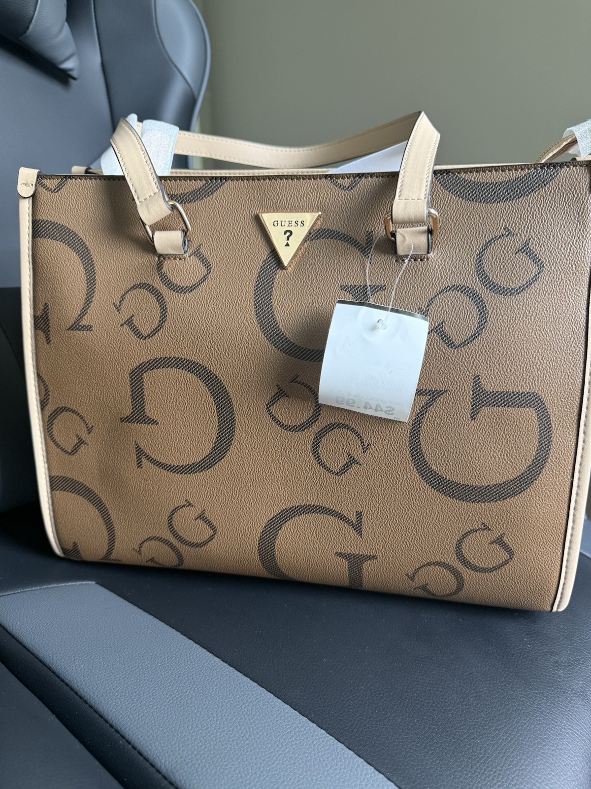 GUESS Large Brown Monogram Tote Beige Double Handles Open Top Gold Hardware