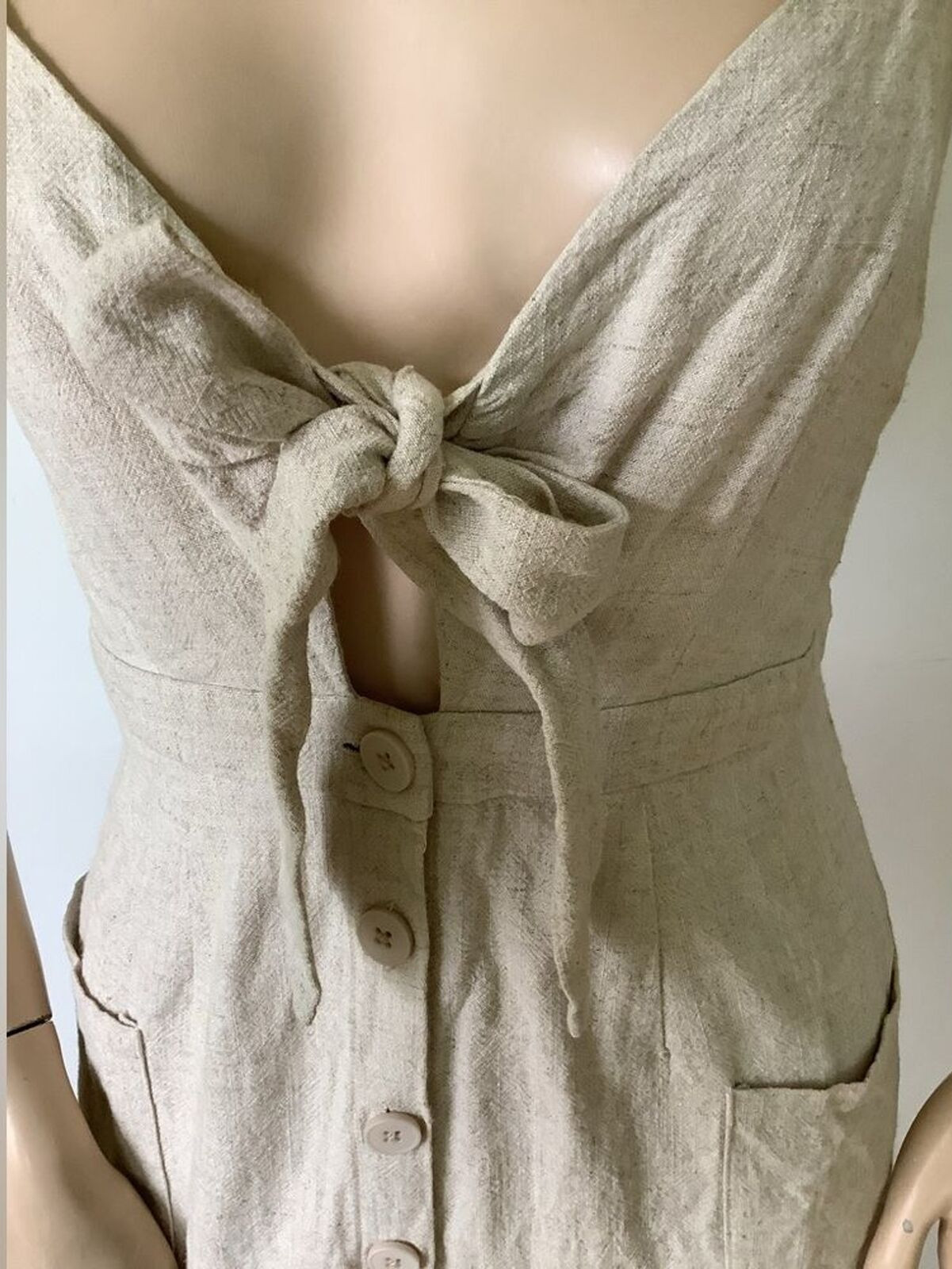 EVERLY Linen Blend Natural Oatmeal Shade Thin Adjustable Strap Dress (Size S)
