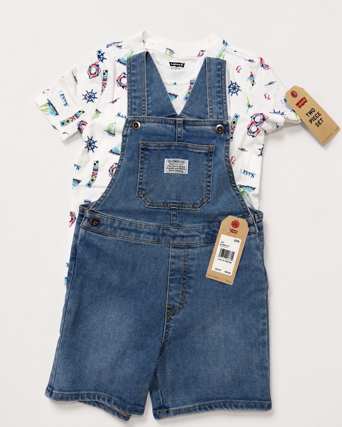 Levi’s Kids 2 Piece Shortall Set Size 4 XS Denim Overalls Nautical NWT