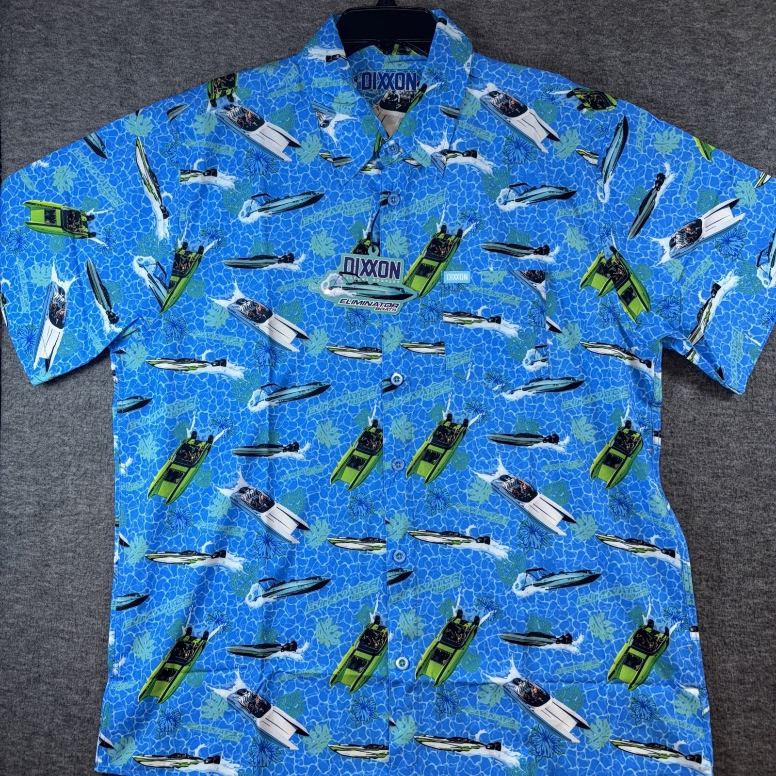 Dixxon X Eliminator Boats Men Party Shirt Short Sleeve Button Up Stretch XL NEW