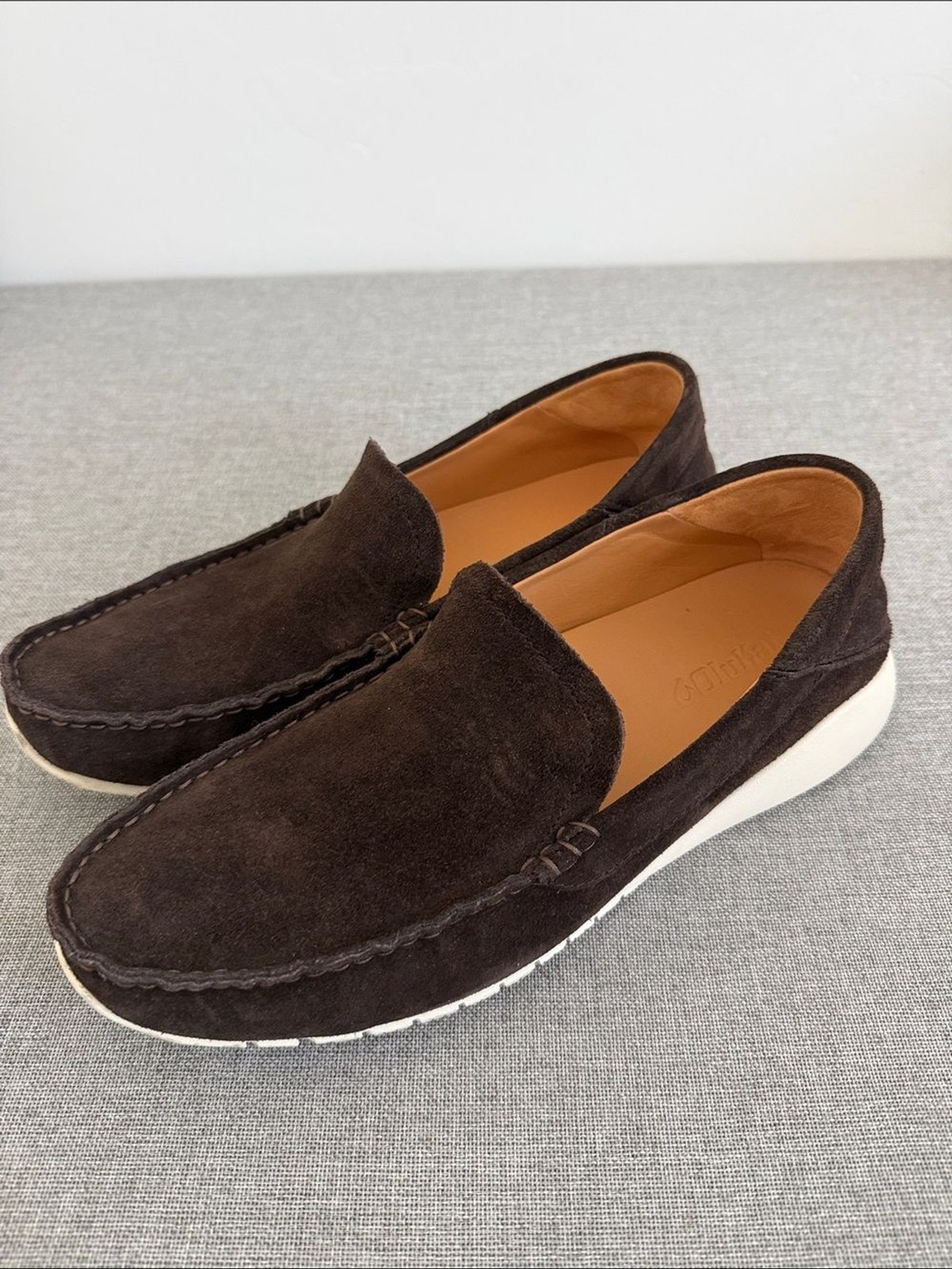 OluKai Dark Brown Suede Slip-On Loafers with Cream Sole