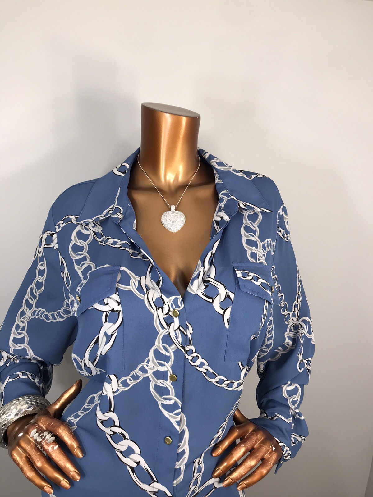 INC 2X Plus Top Chains Prints Button Up Shirt Low Cut Long Sleeves Easywear Sexy