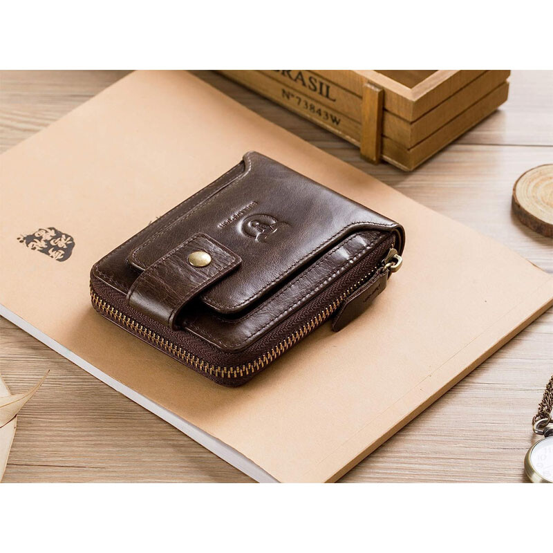 Mens Genuine Leather Zipper Wallet RFID Blocking Bifold Zip Around Card Holder