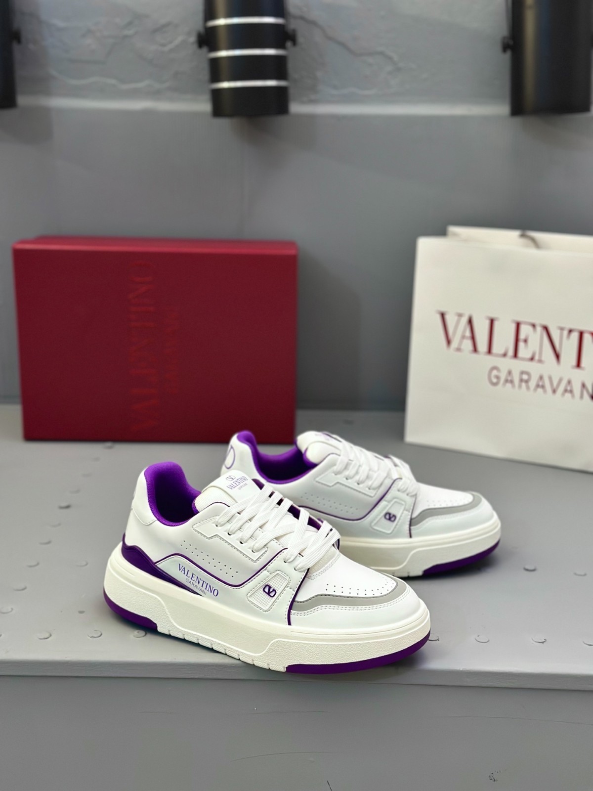 Valentino Platform Sneakers Calfskin Leather Casual Shoes Purple White New