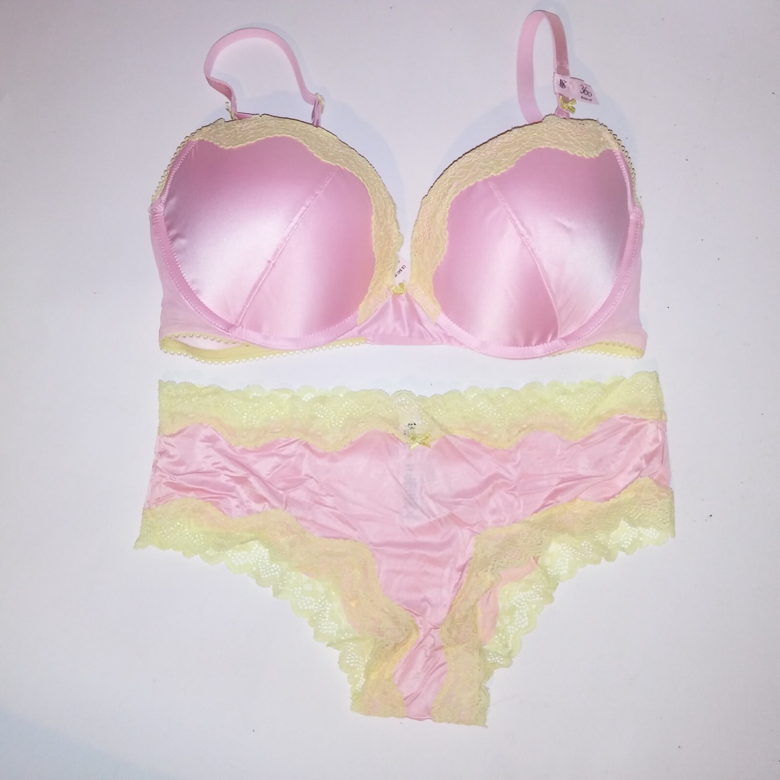 Victoria Secret Bra Set Tease Push Up Cheeky Panty Pink Yellow Lace Trim New