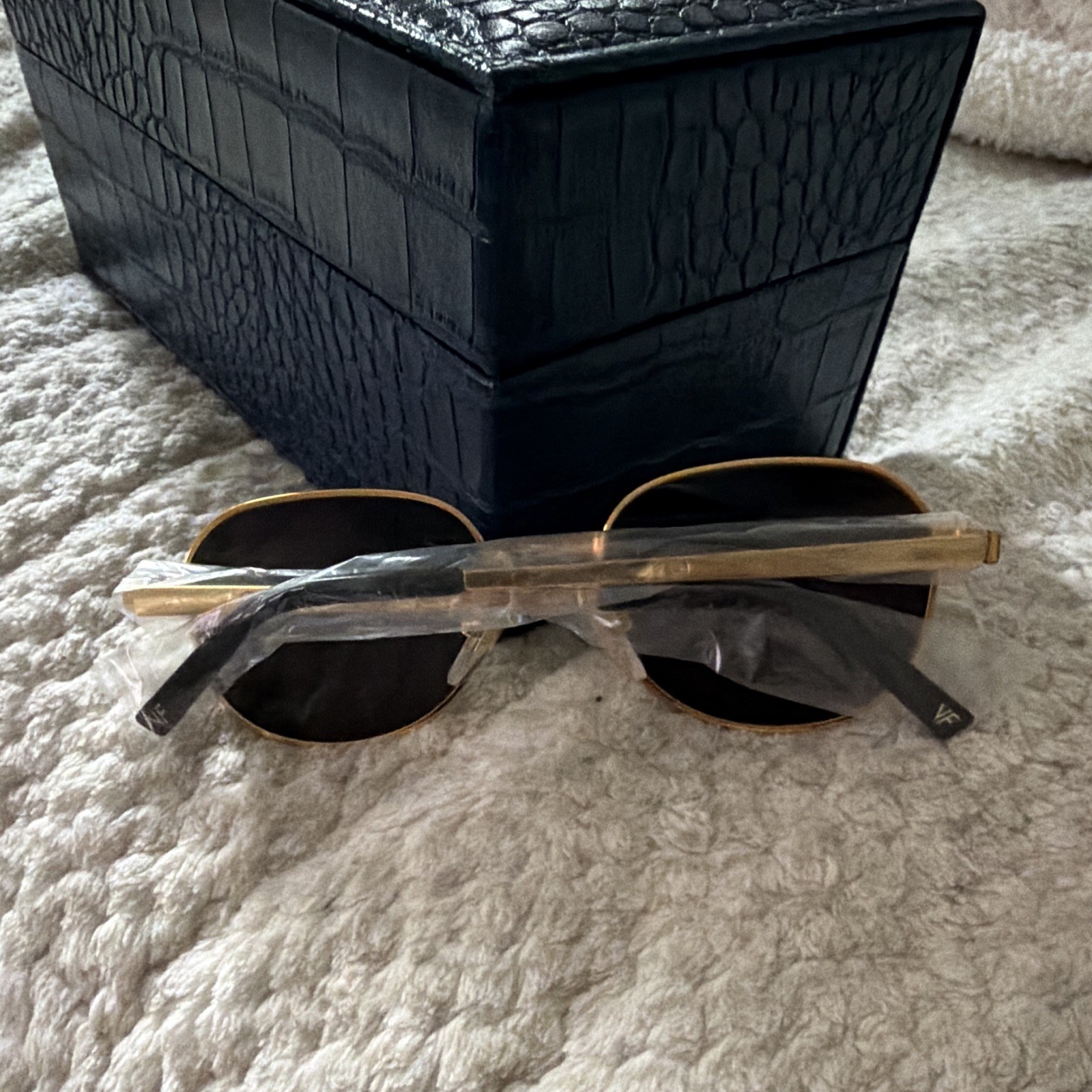 Vintage Frames Company Gold Metal Oval Sunglasses Black Tinted Lenses