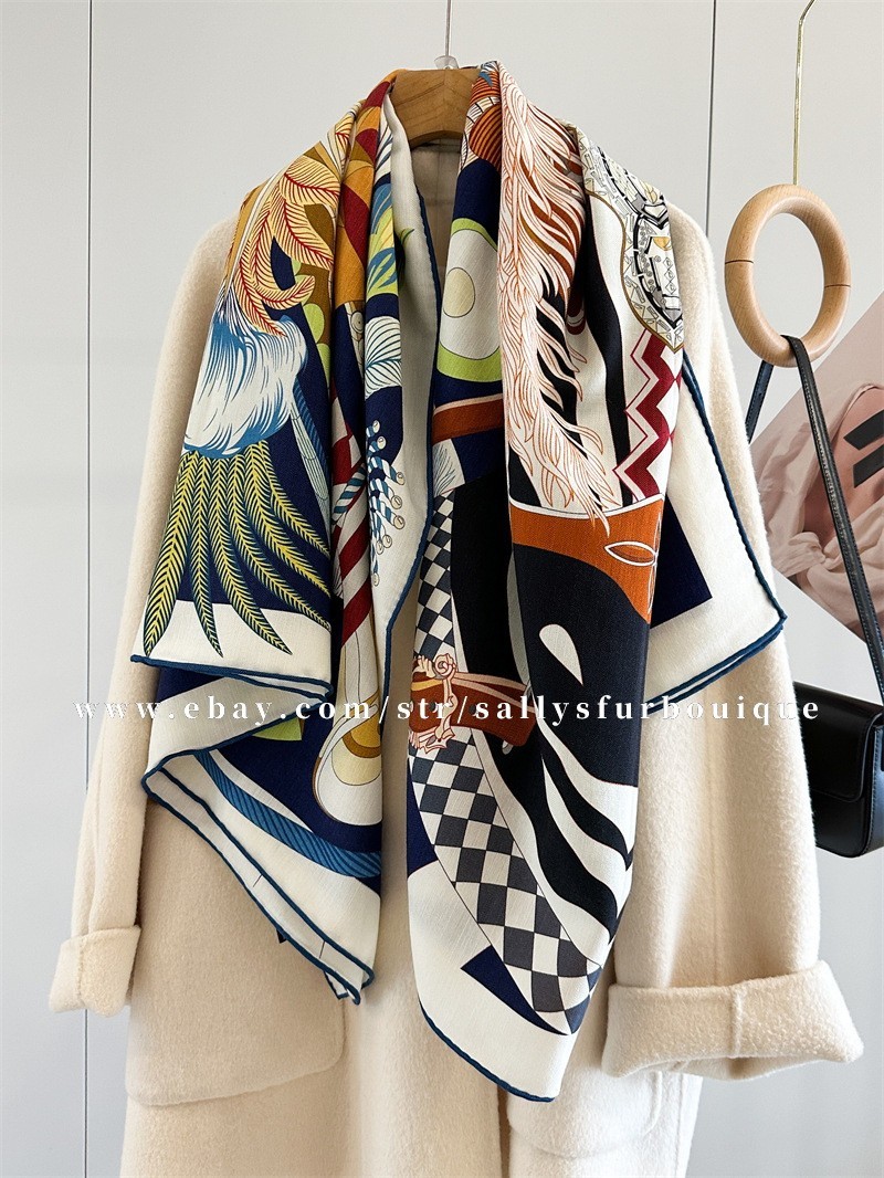 Sallys 70% Cashmere 30% Silk Wrap Scarf Feather Print Double Face Shawl 53″ Navy