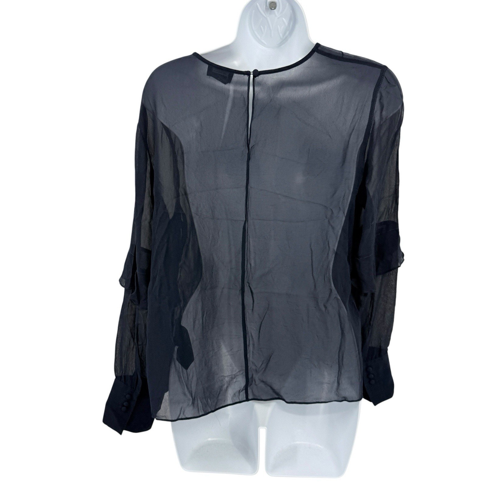 Club Monaco Silk Sheer Blouse Large Navy Pintuck Pleat Ruffle Sleeve Minimalist