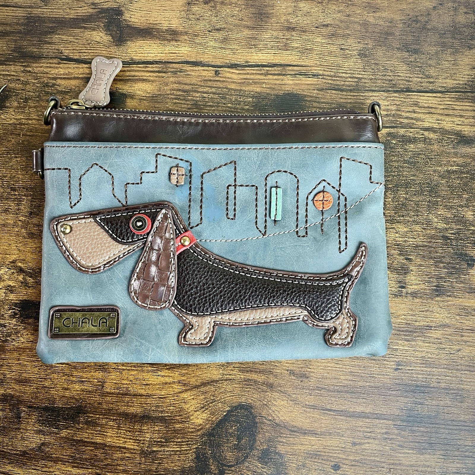 Chala Crossbody Bag Clutch with Dachshund Applique Faux Leather MISSING STRAP