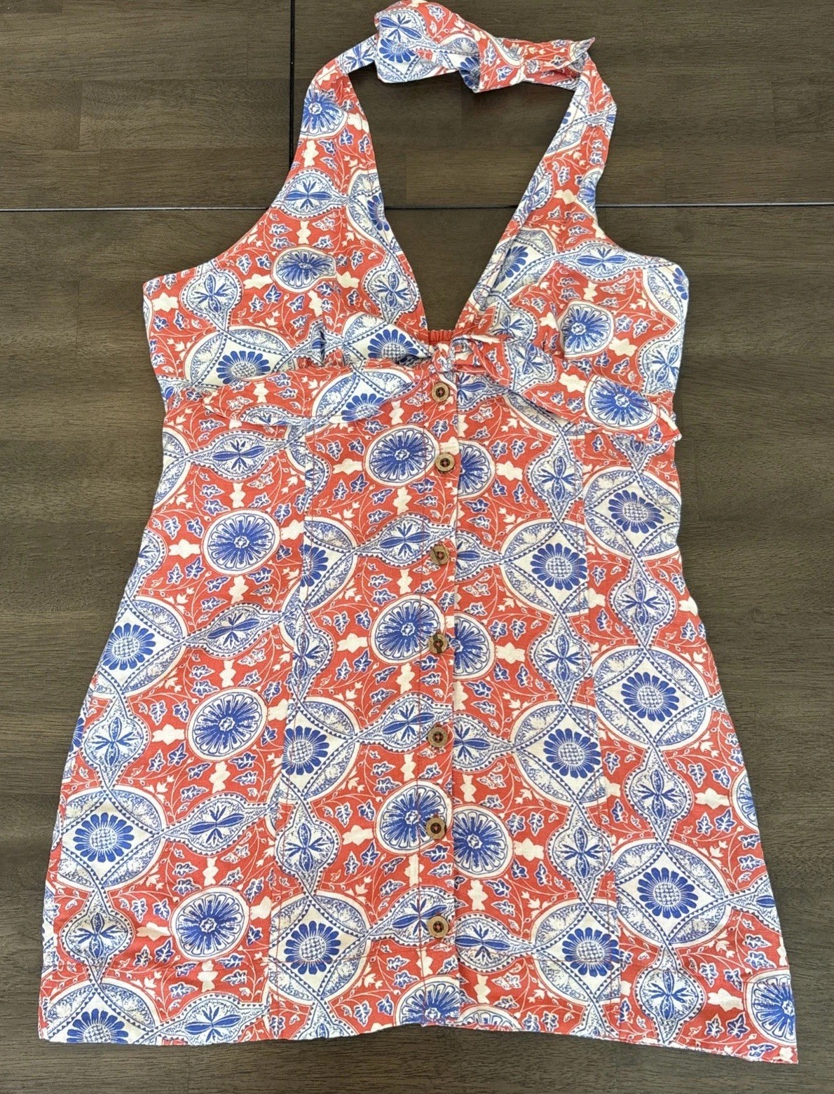 Maeve Anthropologie Halter Dress Size M Button Front Linen Blend Tie Neck Preppy