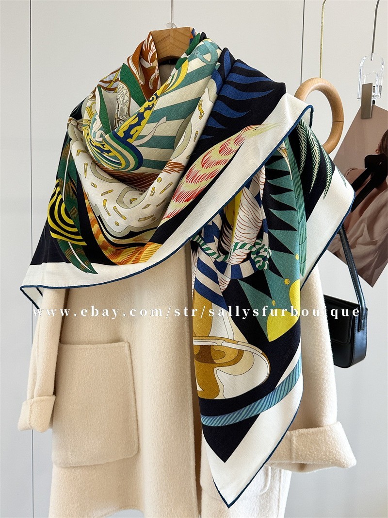 Sallys 70% Cashmere 30% Silk Wrap Scarf Feather Print Double Face Shawl 53″ Navy