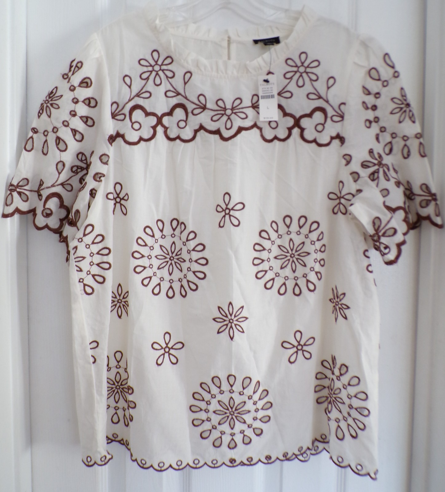 NWT NEW SUMMER TALBOTS SIZE LARGE EMBROIDERED VOILE TOP IVORY / BROWN $119.00